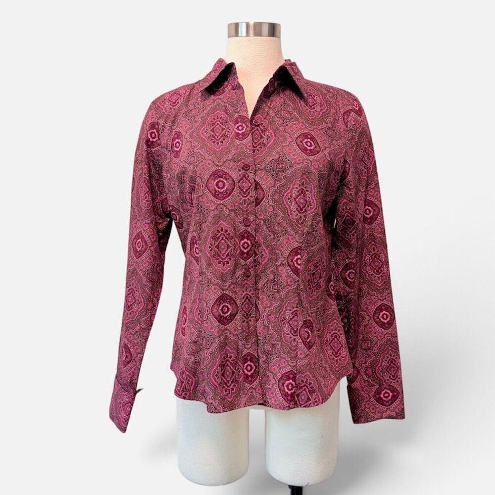 Crazy Horse Liz Claiborne Red Pink Purple Paisley Blouse Button Down Medium